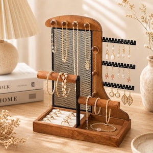 Wooden Jewelry Organizer Stand, Jewelry Display Holder, Necklace Earring Organizer, Handmade Jewelry Storage Rack, Vanity Decor Gift for Her