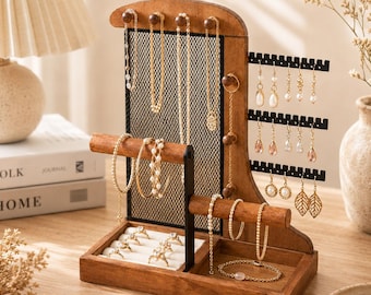 Soporte organizador de joyas de madera, expositor de joyas, organizador de collares y pendientes, estante de almacenamiento de joyas hecho a mano, regalo de decoración de tocador para ella.