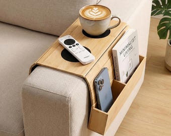 Mothers Day Gift,Perfect gift idea,Space - Saving Home Accessory,Wooden Sofa Armrest Table,Stylish Couch Table for Drinks,Remotes and Others