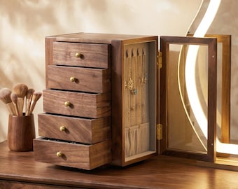 Regali di nozze per lei, regalo personalizzato, portagioie girevole personalizzato, organizer a doppia anta in legno massello, contenitore per più gioielli
