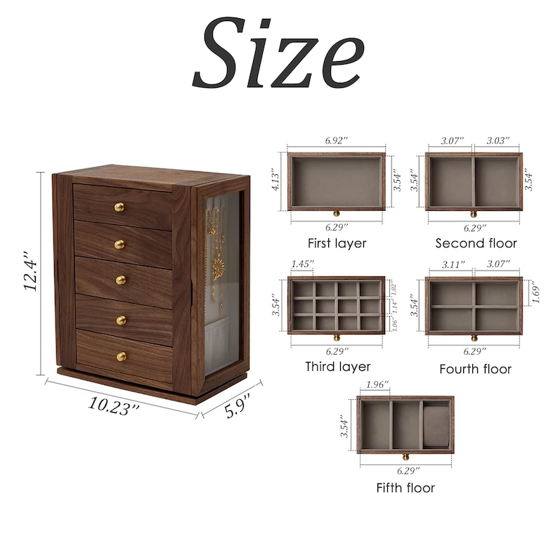May include: A wooden jewellery box with five drawers and a glass-door compartment. The box is 31.5 cm tall, 26 cm wide, and 15 cm deep. The drawers have different compartment layouts. The word "Size" is at the top.