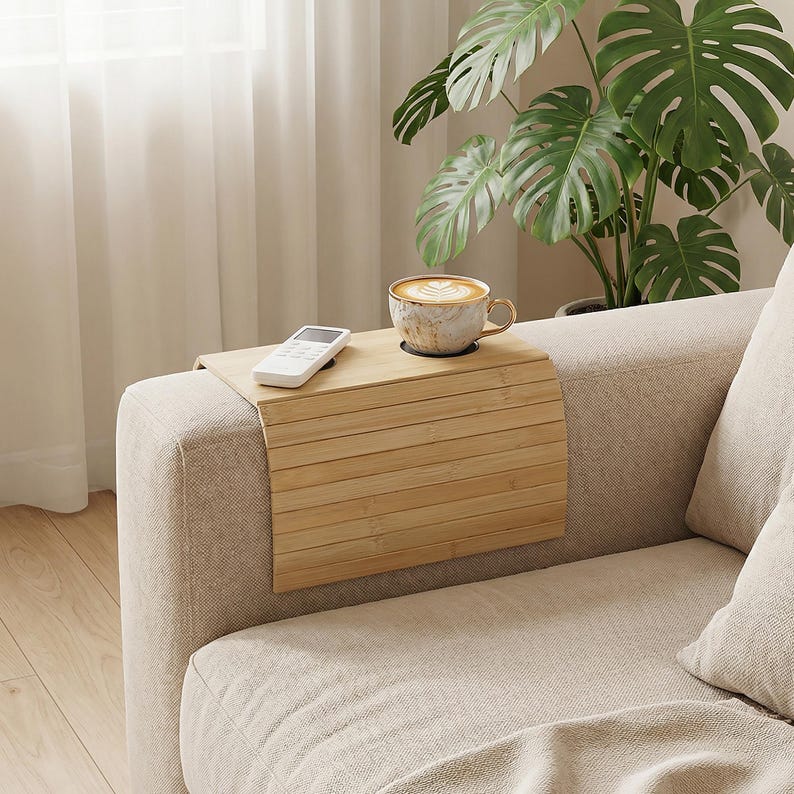 Födelsedagspresent, perfekt presentidé, platsbesparande hemtillbehör, armstödsbord i trä för soffa, snyggt soffbord för drycker, fjärrkontroller och annat bild 4