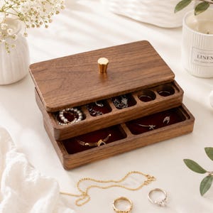 Personalized Stackable Walnut Jewelry Box,Vintage Multi-Tier Design for Small Jewelry,Unique Layer Storage with Compartments,Wedding Gift