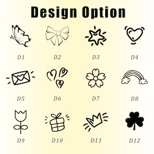Peut inclure: Image avec le texte "Design Option" au-dessus d'une grille de douze dessins au trait noirs. Les dessins comprennent un papillon, un n&oelig;ud, une &eacute;toile, un c&oelig;ur, une enveloppe, des c&oelig;urs, une fleur, un arc-en-ciel, une tulipe, un cadeau, une couronne et un tr&egrave;fle.