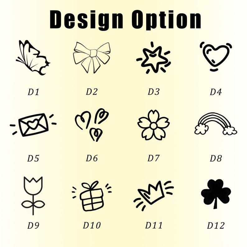 Peut inclure: Image avec le texte "Design Option" au-dessus d'une grille de douze dessins au trait noirs. Les dessins comprennent un papillon, un n&oelig;ud, une &eacute;toile, un c&oelig;ur, une enveloppe, des c&oelig;urs, une fleur, un arc-en-ciel, une tulipe, un cadeau, une couronne et un tr&egrave;fle.