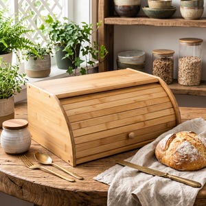 Personalized Natural Bamboo Bread Box,Rustic Wooden Bread Bin,Eco Friendly Kitchen Food Storage,Kitchen Decor,Countertop organizer