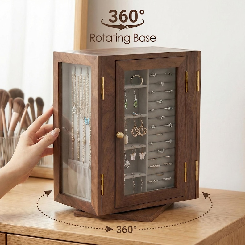 Wedding Gifts for Her, Personalized Gift, Custom Rotating Jewelry Box, Solid Wood Double Door Organizer, Multiple Jewelry Storage image 3
