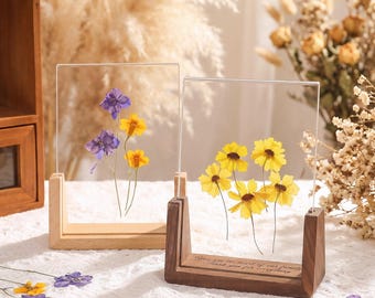 Mothers Day Personalized Pressed Flower Frame,Engraved Wood Photo Frame,Birth Flower Frame Birthday Gift for Mom,Creative Artwork Display