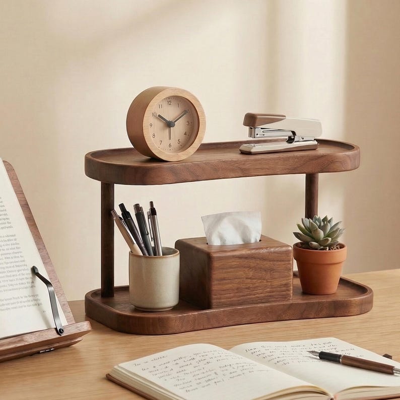 Peut inclure: Un organiseur de bureau en bois &agrave; deux niveaux avec une finition marron clair. L'&eacute;tag&egrave;re sup&eacute;rieure contient une horloge en bois et une agrafeuse. L'&eacute;tag&egrave;re inf&eacute;rieure a une bo&icirc;te &agrave; mouchoirs, une petite plante succulente en pot et un porte-stylo en c&eacute;ramique.