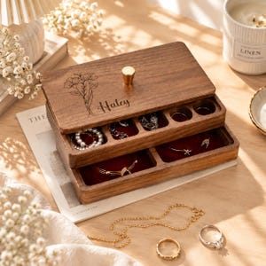Personalisierte, stapelbare Schmuckschatulle aus Walnussholz, Vintage-Design mit mehreren Ebenen für kleinen Schmuck, einzigartige Aufbewahrungsmöglichkeit mit Fächern, Hochzeitsgeschenk