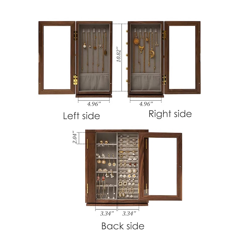 May include: A wooden jewelry armoire with three sections. The left and right sides have glass doors for necklaces. The back side has a door and compartments for earrings and rings. The armoire is 27.48 cm tall.