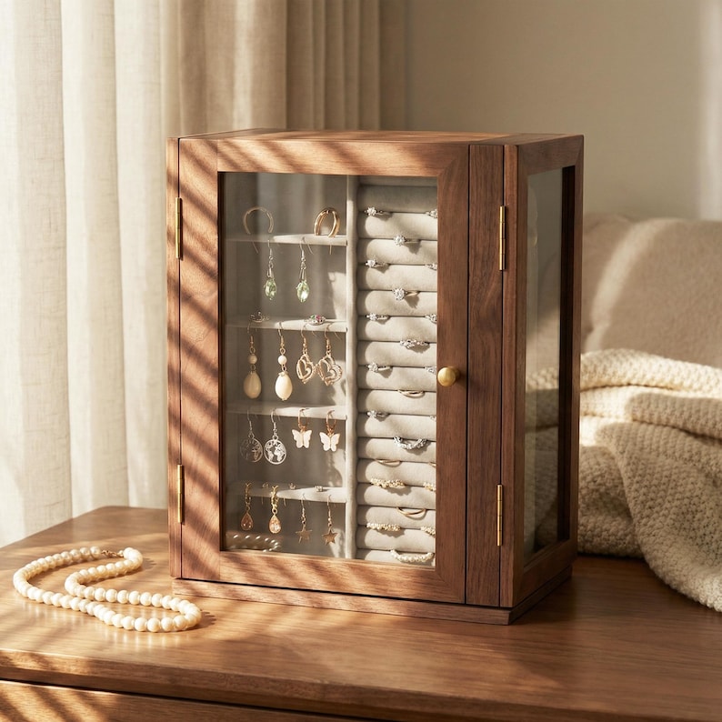 May include: A wooden jewellery cabinet with a glass door displays earrings and rings. The cabinet is brown with a gold knob and hinges. A pearl necklace rests on the wooden surface in front of the cabinet.
