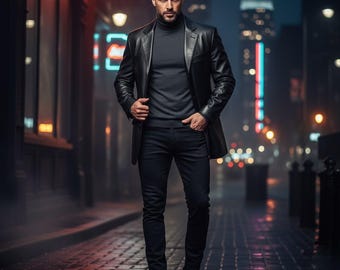 Elegant Black Leather Blazer for Men, Smart Casual Lambskin Jacket, Three-Button Business Attire