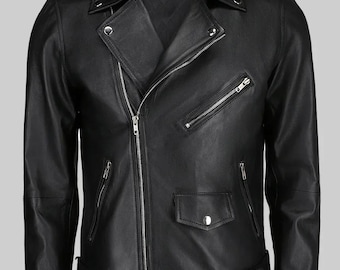 Men's Black Cowhide Leather Motorcycle Jacket - Slim Fit