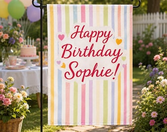 Personalized Birthday Garden Flag, Custom Kids Birthday Party Banner, Pastel Outdoor Party Decor