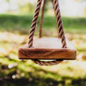 Puede incluir: Un asiento de columpio de madera con una cuerda gruesa que cuelga de una rama de &aacute;rbol. El asiento del columpio est&aacute; hecho de madera natural y tiene un aspecto r&uacute;stico.