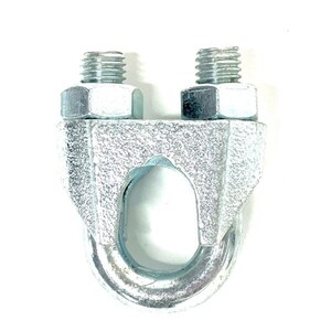 May include: A silver metal cable clamp with two threaded ends. The clamp is designed to secure cables and wires.