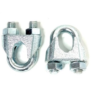 May include: Two silver metal cable clamps with a U-shaped opening. The clamps have a threaded screw on each side.