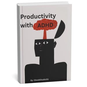 Puede incluir: Un libro titulado "Productividad con TDAH" presenta una ilustración estilizada de una persona con la cabeza abierta, una forma roja en forma de nube encima. La portada del libro es blanca, con texto negro y una silueta negra.