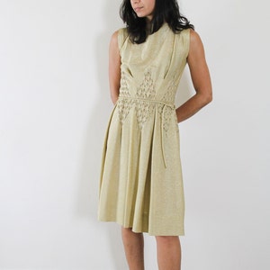 60s Carlye brand gold party dress sparkle glitter high neck sleeveless small cocktail New Years small belt golden metallic image 8