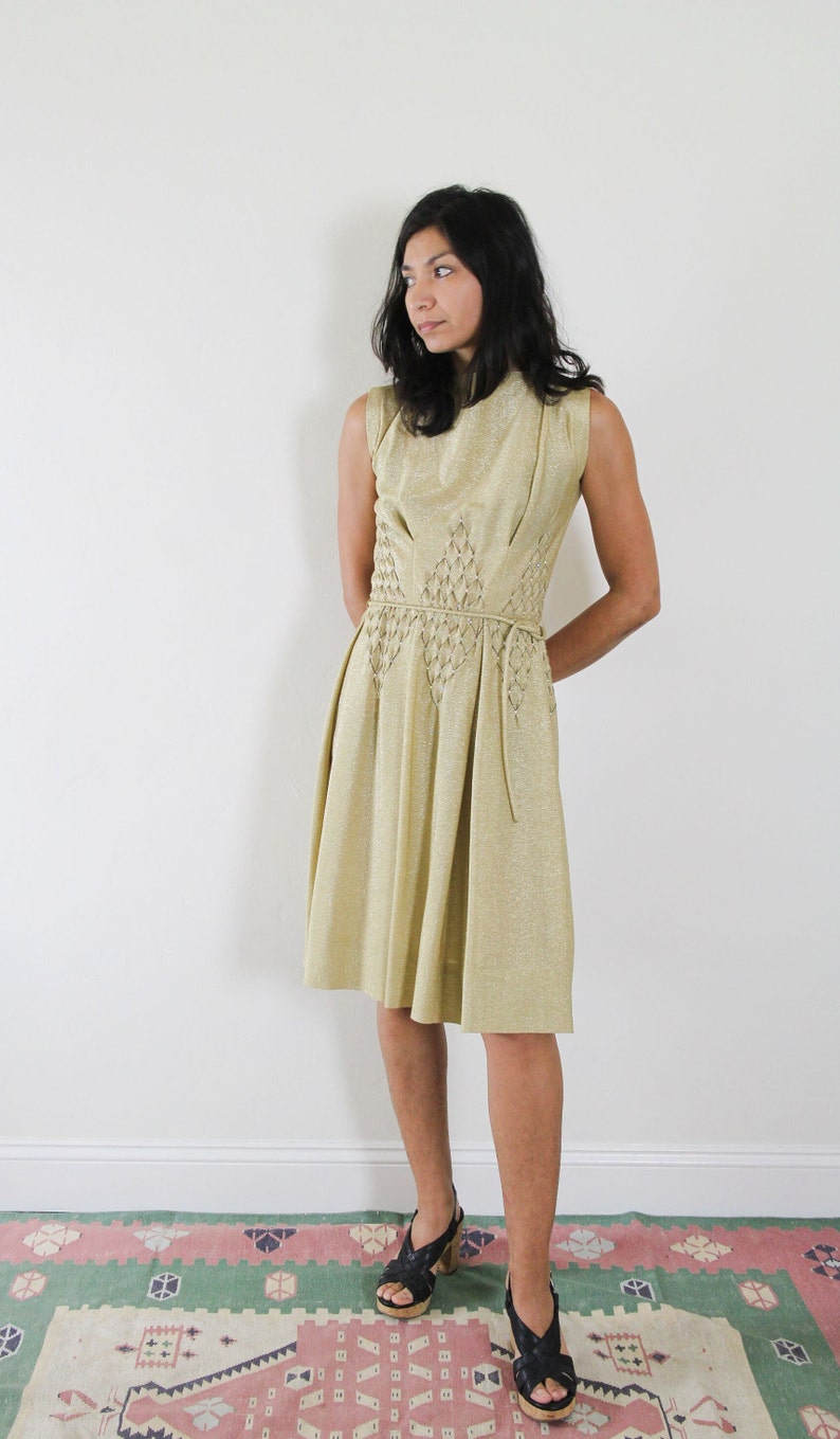 60s Carlye brand gold party dress sparkle glitter high neck sleeveless small cocktail New Years small belt golden metallic image 8