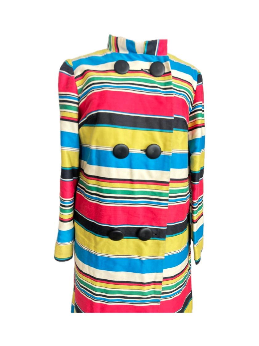 Vintage Striped Colorful Mod 60s Swing Coat Oversized Buttons
