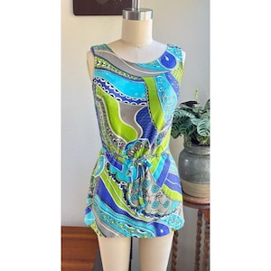 Vintage dead stock 3 piece swim set bikini top and bottoms and cover up tunic Montgomery ward 70s 60s psychedelic swirl print XS