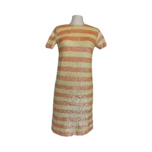 Vintage 60s Gene Shelly's Boutique International Wool Sequin striped cream yellow and peach pink luminescent sequin cocktail stretchy AS IS
