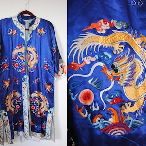 Embroidered silk blue robe Kimono Chinese silk floral dragon robe Koi fish hand embroidered