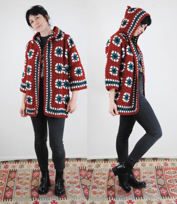 Afghan blanket granny square knit crochet coat jac