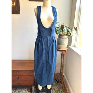 70s 80s button down denim dress dark wash midi double breasted front racer back jumpsuit dress Pinafore