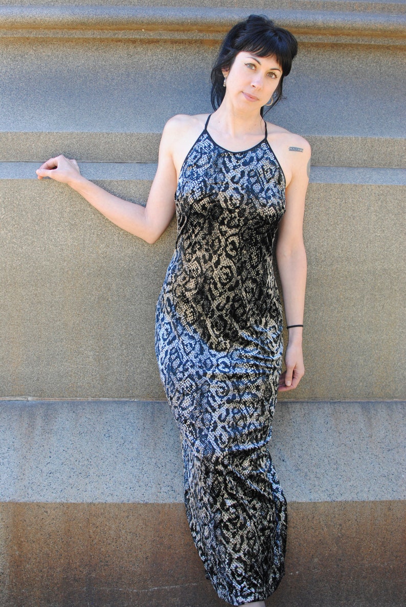 90s velvet python cobra snake print long maxi dress sleeveless spaghetti strap animal print