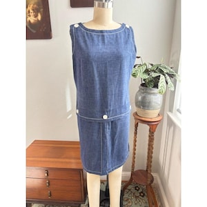 60s 70s Chambray denim dress jean button detail contrast stitching sleeveless Custom detailed by Harburt