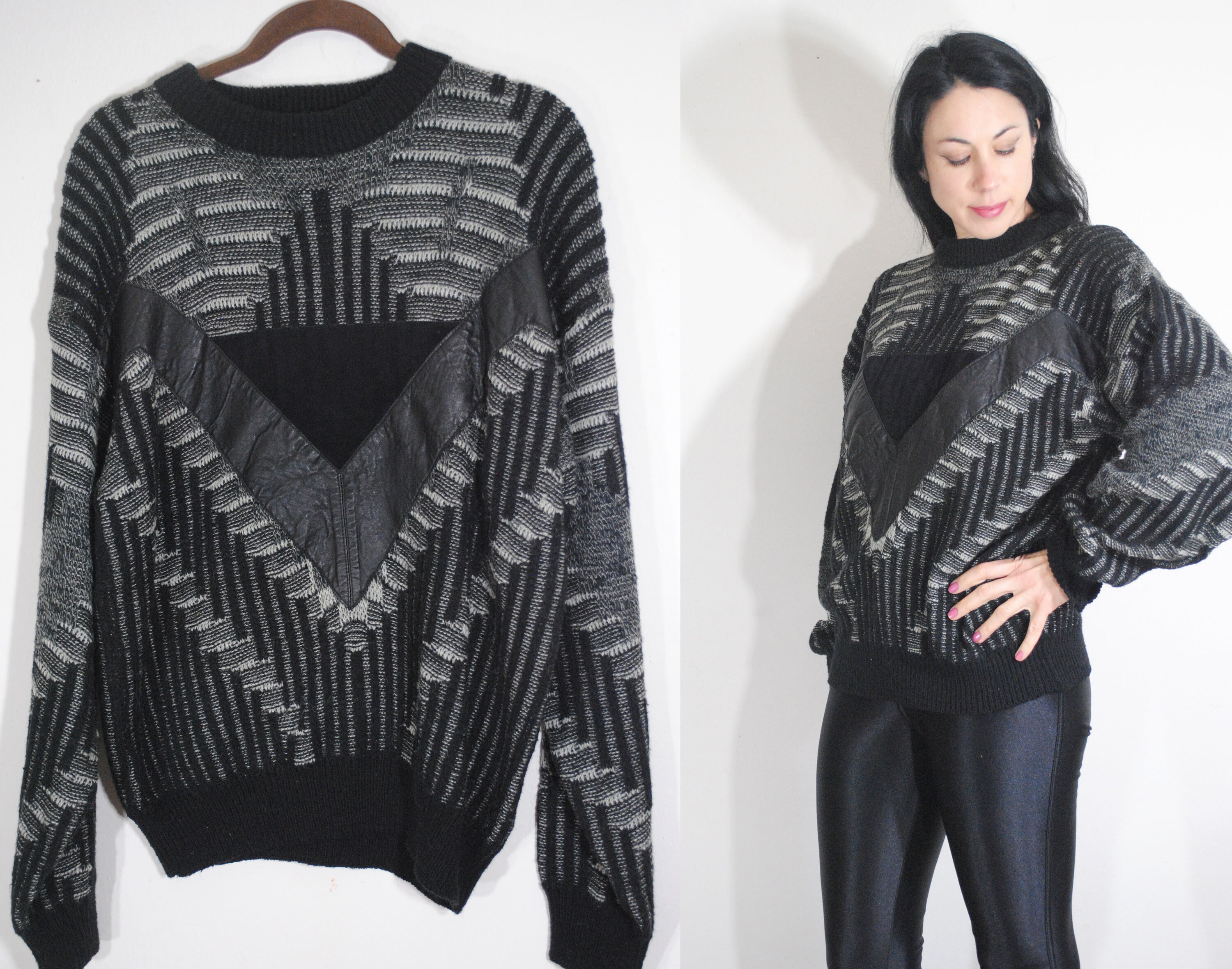 80s 90s Saxony Sweater Suede Leather 