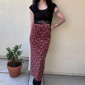 60s 70s velvet maxi skirt floral print deep pink velvet straight style with slit union made