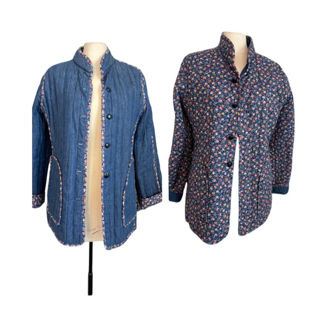 Vintage 70s 80s Reversible Floral Calico Print Denim Coat Jacket ...
