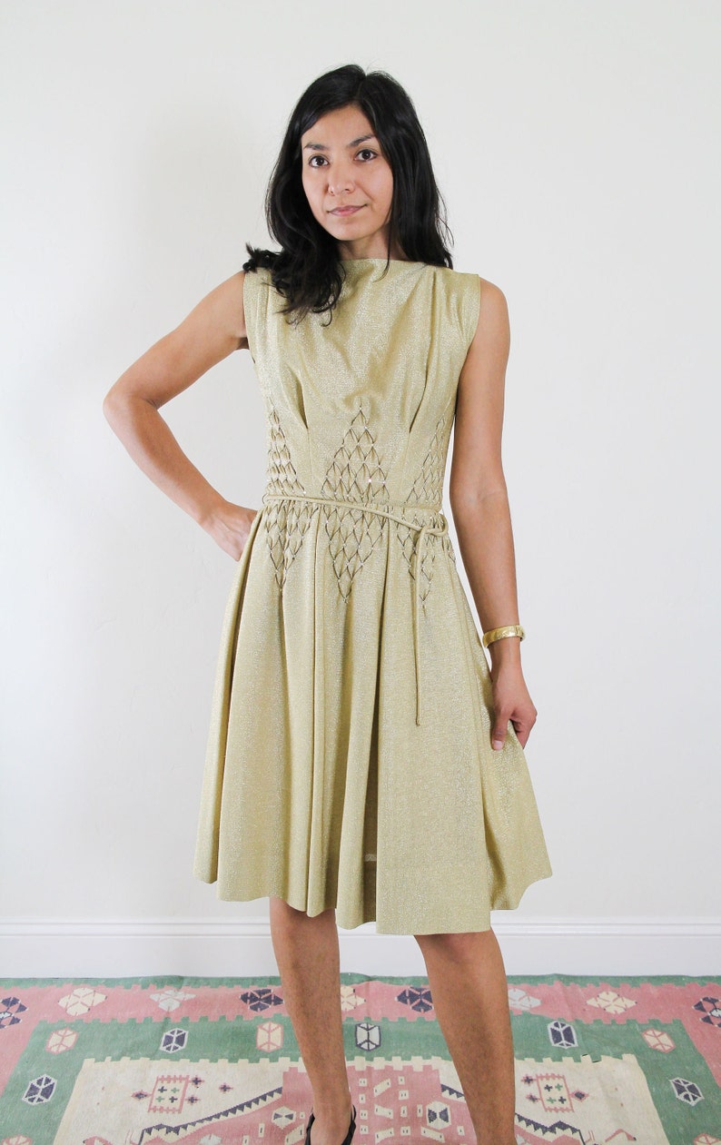 60s Carlye brand gold party dress sparkle glitter high neck sleeveless small cocktail New Years small belt golden metallic image 7