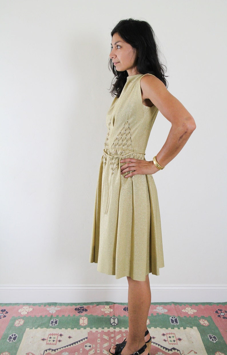 60s Carlye brand gold party dress sparkle glitter high neck sleeveless small cocktail New Years small belt golden metallic image 5