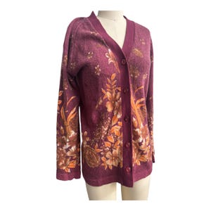GiGi sweater cardigan vintage 60s 70s wool mix screen print maroon sweater botanical nature floral