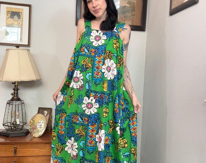 Vintage 70s Hawaiian Maxi Dress Tiki Floral Colorful Design Hand Made ...