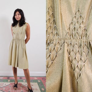 60s Carlye brand gold party dress sparkle glitter high neck sleeveless small cocktail New Years small belt golden metallic image 1