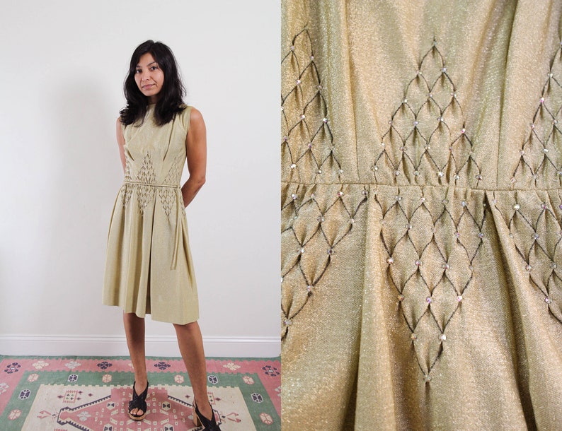 60s Carlye brand gold party dress sparkle glitter high neck sleeveless small cocktail New Years small belt golden metallic image 1