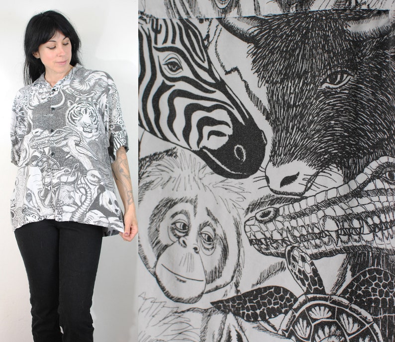 Cactus Club black white all over print animal shirt shops blouse zoo animals safari shirt screen print