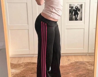 Rare Vintage Adidas 3 Stripe Sporty Yoga Low Waisted Flared Pants