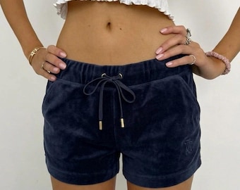 Sexy Juicy Couture Low Waist Sport Womens Shorts Dark blue  Velour Pockets  Size XL
