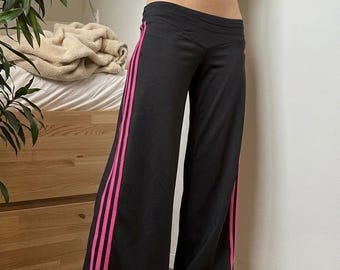 Rare Vintage Adidas 3 Stripe Sporty Yoga Low Waisted Flared Pants