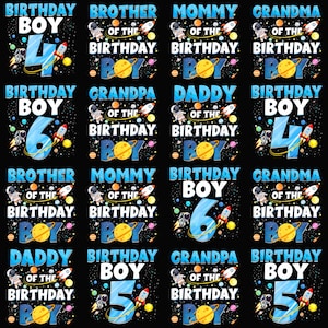 Puede incluir: Patrón repetido de diseños temáticos de cumpleaños sobre un fondo negro. Los diseños incluyen las palabras "Birthday Boy" con los números 4, 5 y 6, junto con otros textos y gráficos relacionados con el cumpleaños y el espacio.