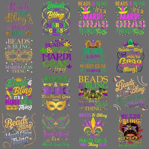 Op de afbeelding: Een verzameling kleurrijke Mardi Gras-ontwerpen. Elk ontwerp bevat de woorden "Beads & Bling" en "It's a Mardi Gras Thing" in verschillende lettertypen en kleuren, samen met decoratieve elementen zoals maskers en fleur-de-lis.