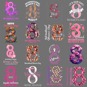 以下が含まれることがあります： 国際女性デーの16のデザインコレクション。それぞれ数字の8を特徴としています。デザインには、フラワーアレンジメント、蝶、女性の画像が組み込まれており、「Women's Day」や「March」などのテキストが使用されています。