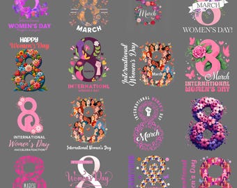 May include: A collection of sixteen designs for International Women's Day, each featuring the number eight. The designs incorporate floral arrangements, butterflies, and images of women, with text such as "Women's Day" and "March".